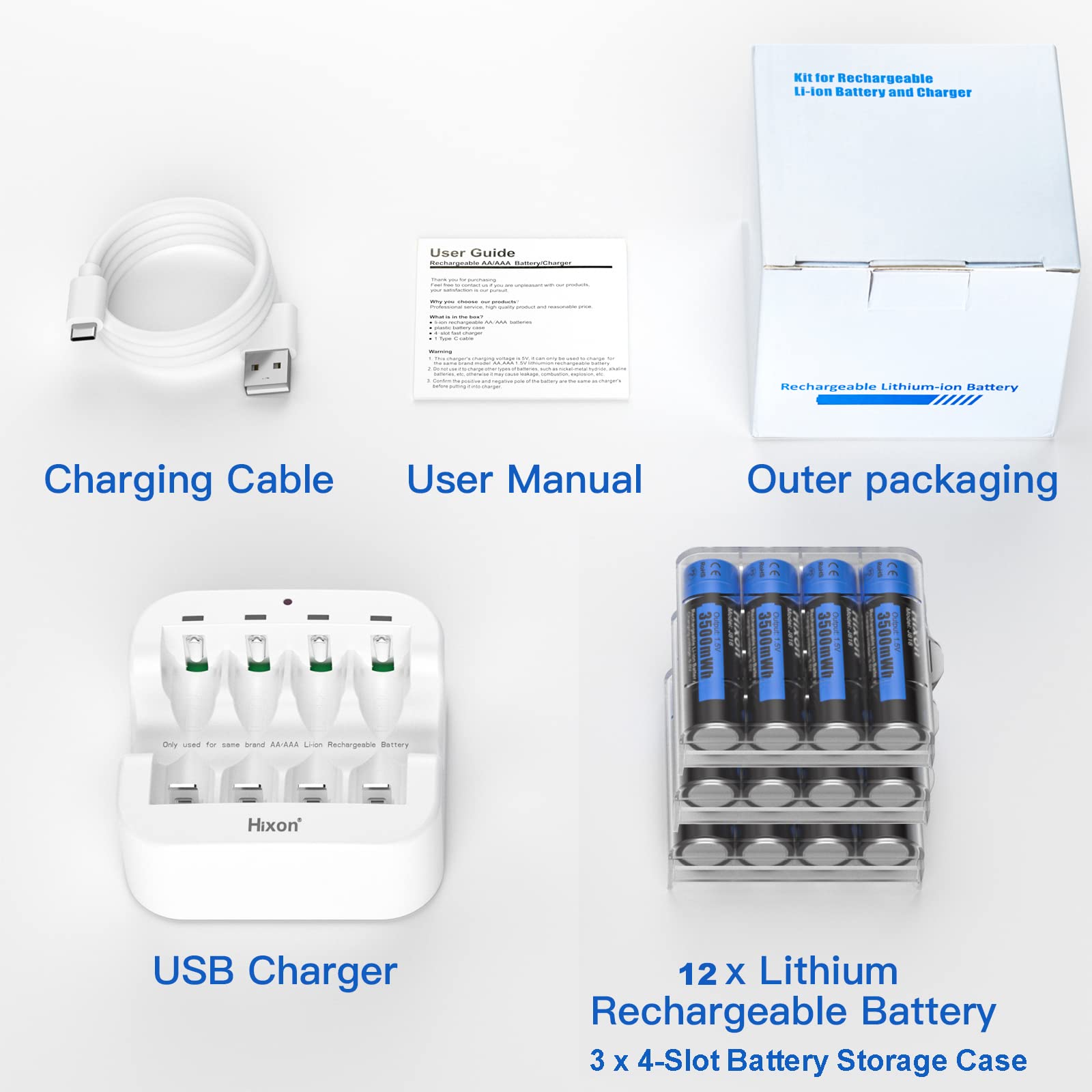 Hixon 12-Pack AA Rechargeable Lithium 1.5V Batteries with Charger,3500mWh high Capacity,1600 Cycles,Max 3A Discharge Current