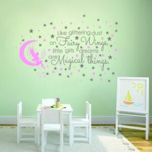 ANFRJJI Fairy and Dream Wall Sticker - Removable PVC Decal with Glittering Wings and Magical Quote - Fairy Moon and Stars Wall Art for Girls Bedroom, Kids Room -effect 24"x35"inch (Gray-JWH290-Fairy