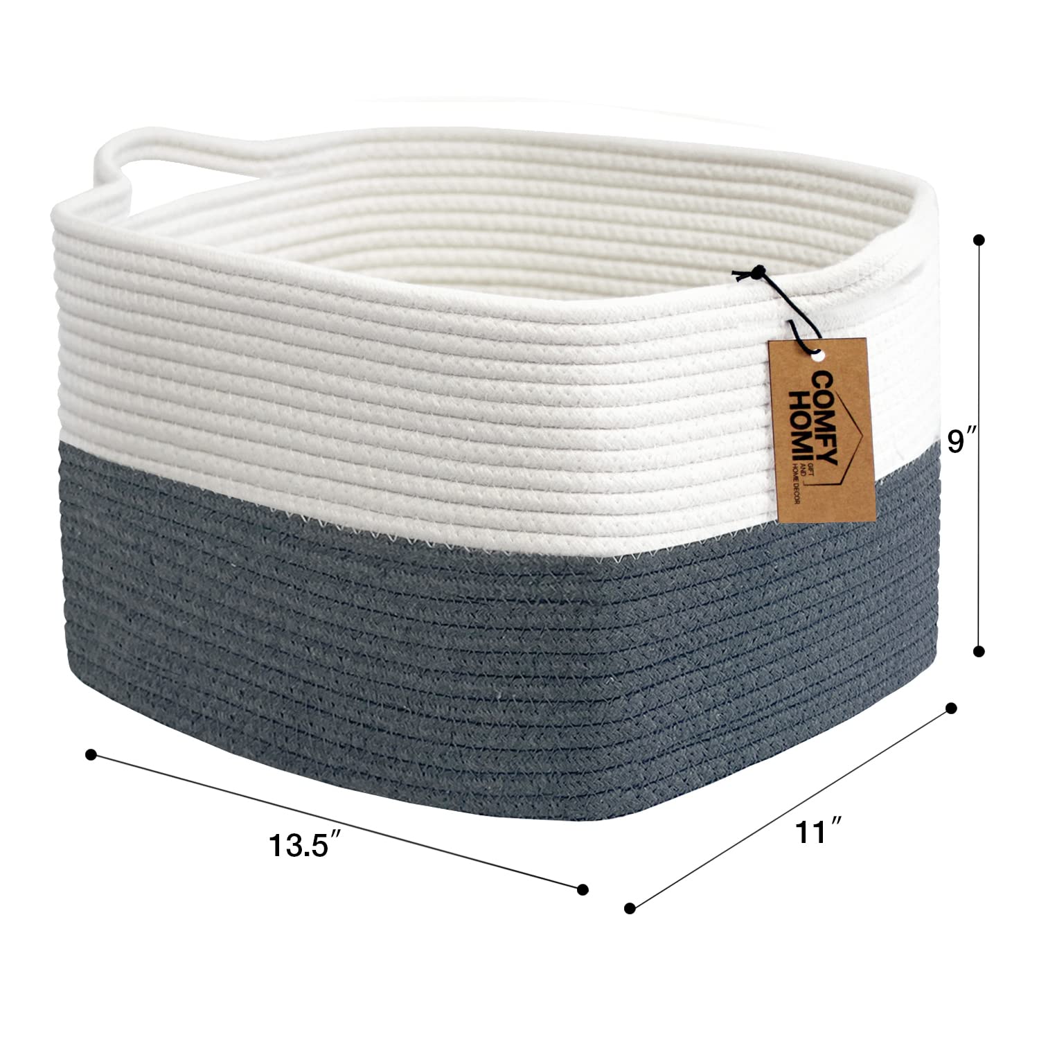 COMFY-HOMI Tall Rope Basket 18X16”（White and Grey）And Square cotton rope basket 13.5X11X9.5” with Handle （White and Dark Grey）