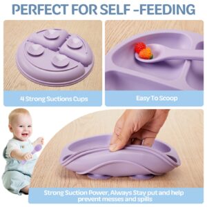 6 Pack Suction Plates for Baby with Spoon Fork Divided Toddler Plate with Suction Silicone Baby Self Feeding Set for Boys Girls (Gray, Green, Blue, Beige, Khaki, Purple)