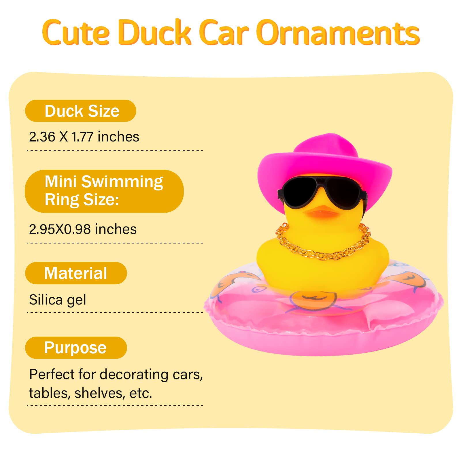 wonuu Rubber Duck Car Ornaments 3Pcs Yellow Duck Car Dashboard Decorations with Mini Hat Swim Ring Necklace Sunglasses, Straw&Blue Straw&Cowboy Hat