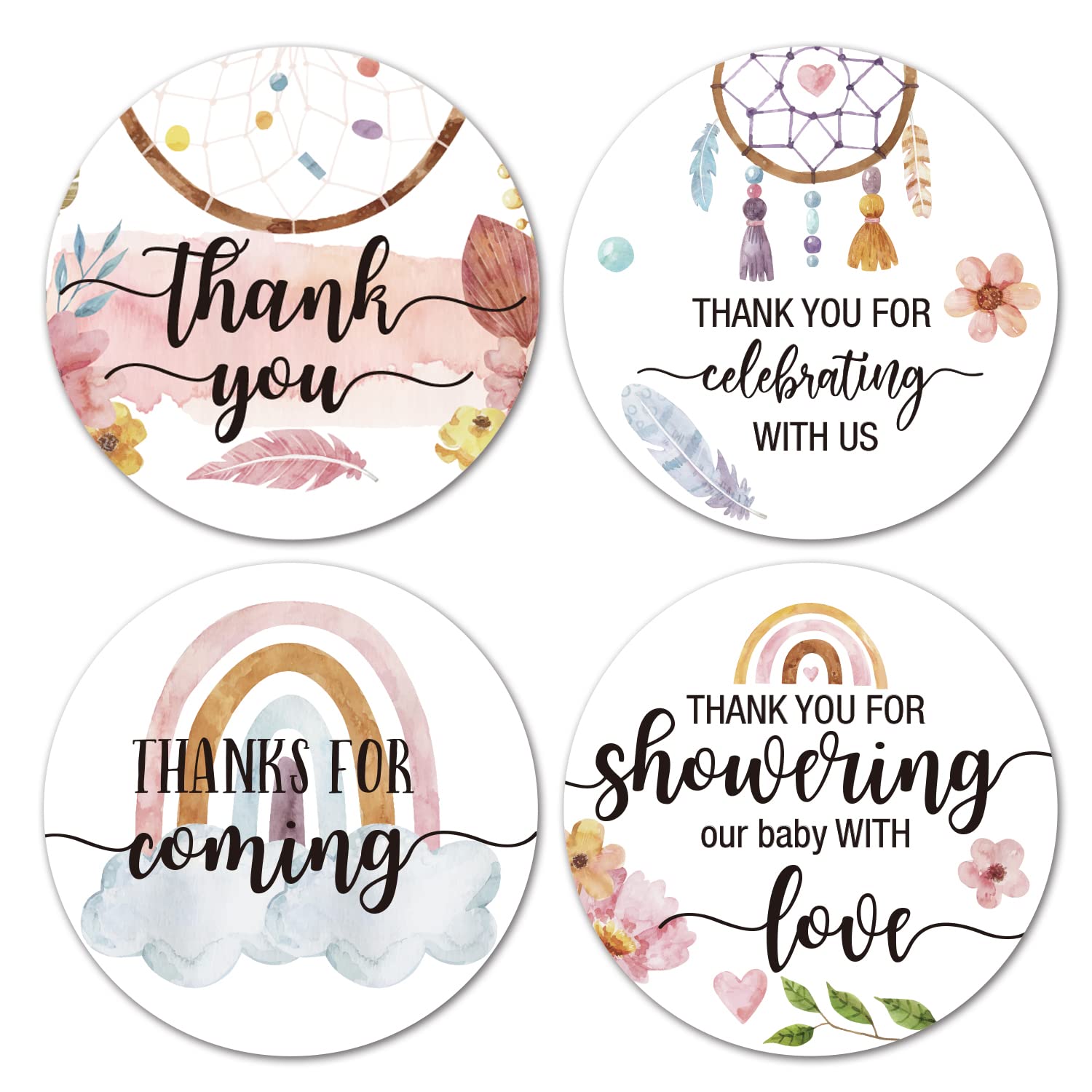 2" Round Boho Thank You Favor Stickers - Boho Thank You Labels for Wedding, Bridal Shower, Baby Shower, Small Business, Bakeries, Handmade Goods, Birthday Party Favors(80 Labels)