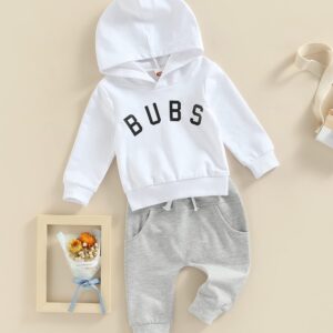 VISGOGO Infant Baby Boy Clothes Set Letter Printed Long Sleeve Hooded Pullover Tops + Elastic Drawstring Pants with Pockets (A-BUBS-White, 3-6 Months)