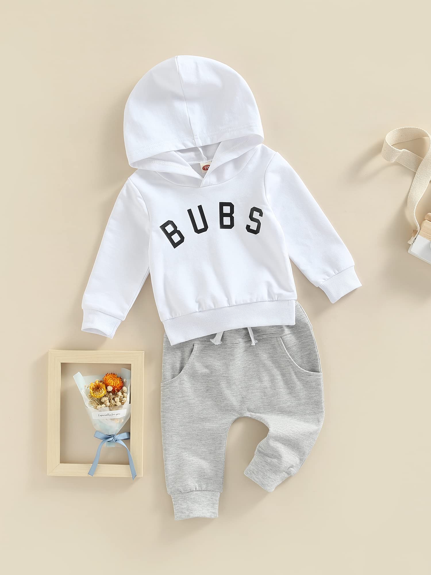 VISGOGO Infant Baby Boy Clothes Set Letter Printed Long Sleeve Hooded Pullover Tops + Elastic Drawstring Pants with Pockets (A-BUBS-White, 3-6 Months)