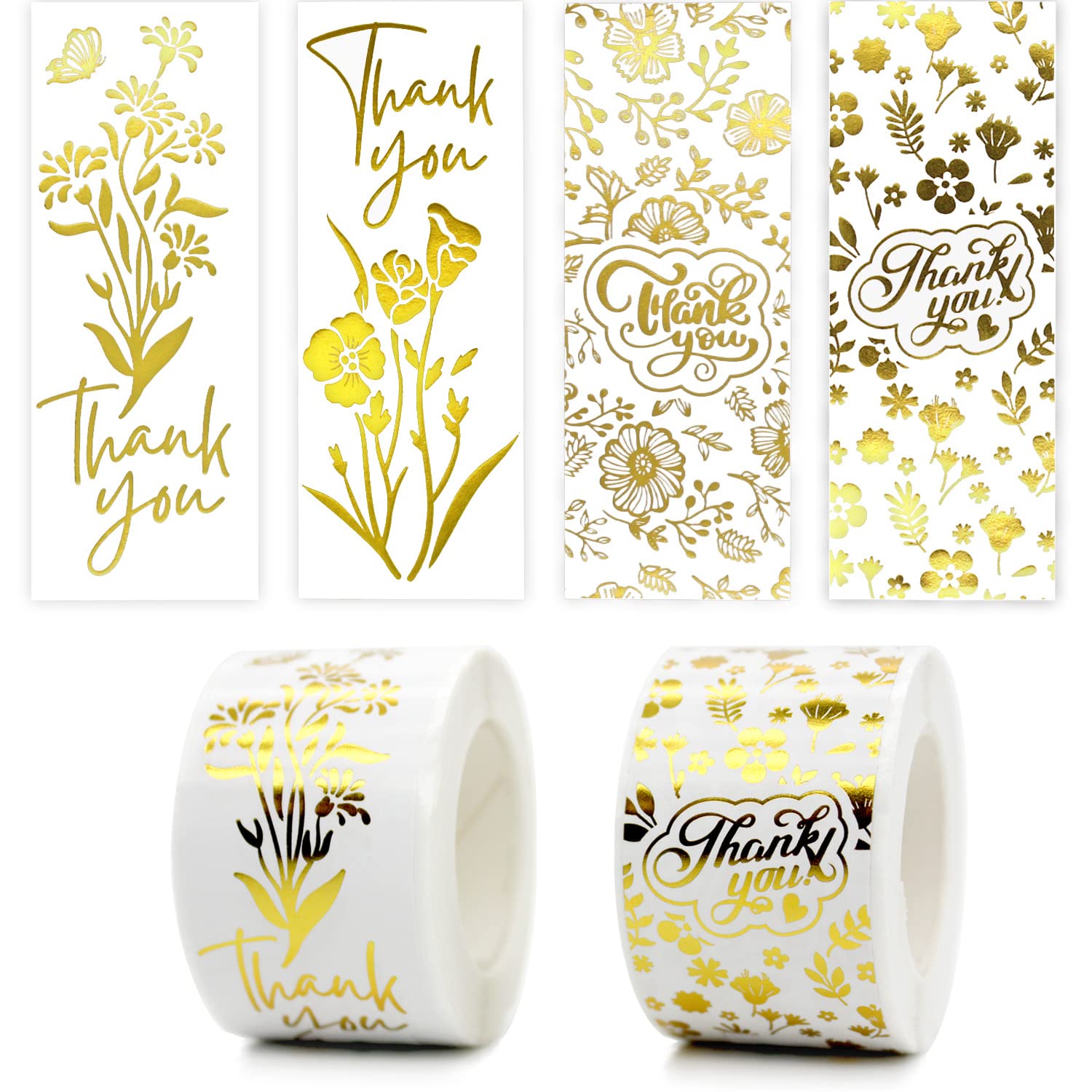 Gold Thank You Stickers 2 Rolls for Small Business 240 Pcs Big Rectangle Wedding Stickers 4 Designs Glitter Flowers Gift Seal Stickers Labels