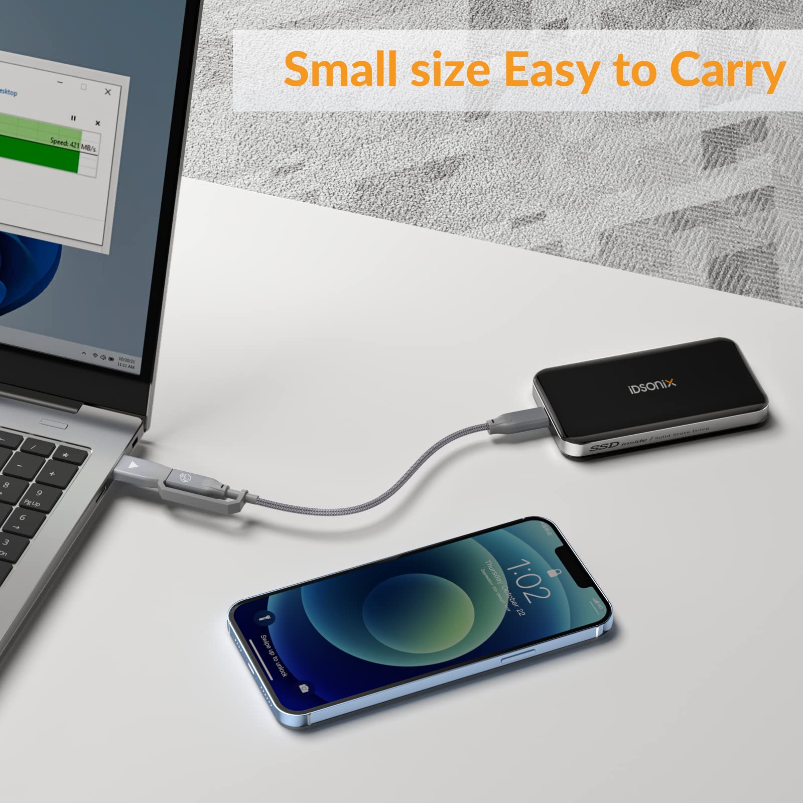 iDsonix 256G Portable SSD, External SSD USB 3.1 Gen 1, Up to 551MB/s Read, Portable Hard Drive SSD Compatible with PC/Laptops/iPad/Mac (2 in 1 Cable Included)