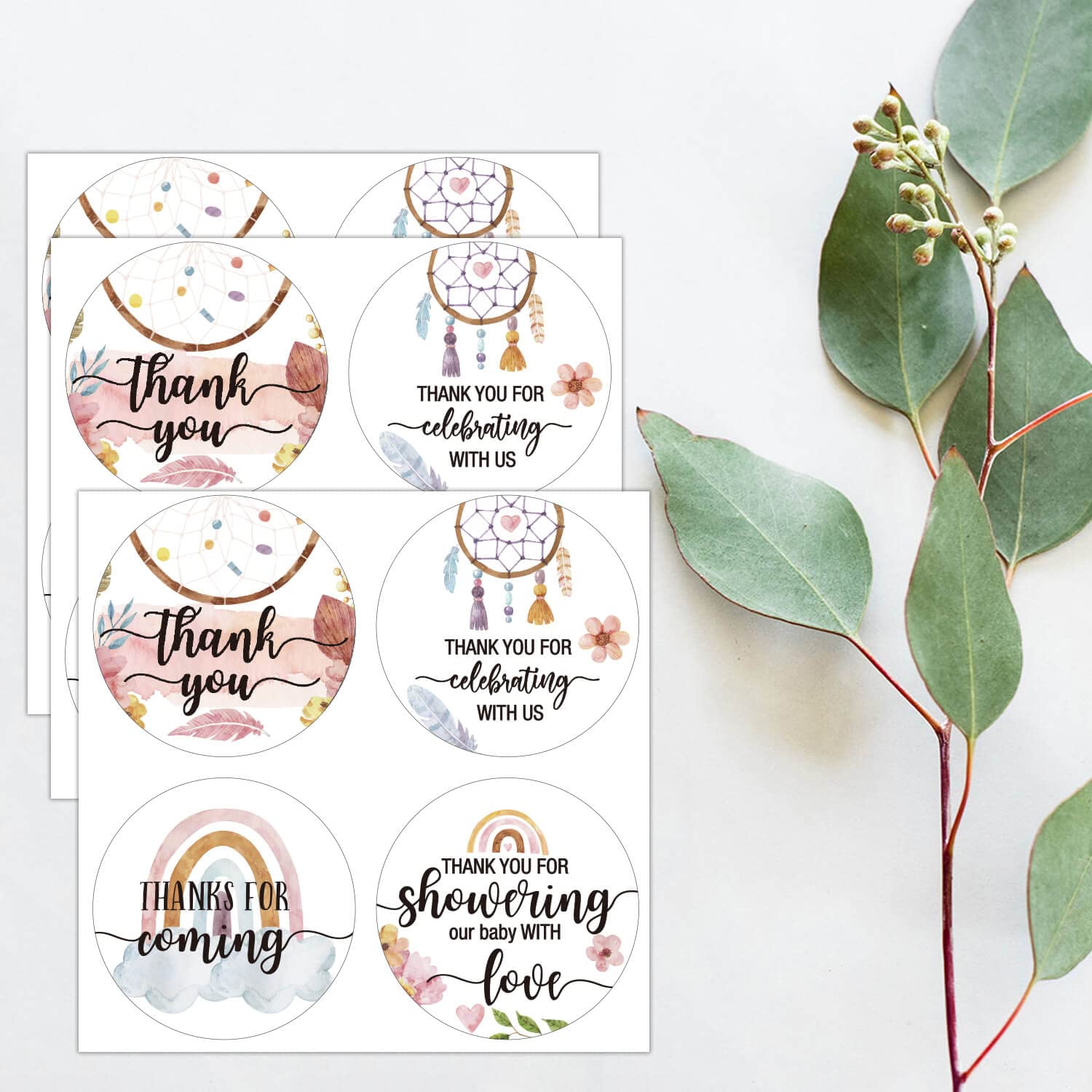 2" Round Boho Thank You Favor Stickers - Boho Thank You Labels for Wedding, Bridal Shower, Baby Shower, Small Business, Bakeries, Handmade Goods, Birthday Party Favors(80 Labels)