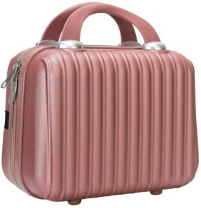 hard shell makeup case 11 inch train cosmetic bag travel organizer make up toiletry jewelry portable abs mini makeup suitcase with elastic strap gifts for her,rosegold