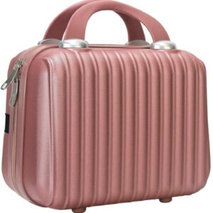 Hard Shell Makeup Case 11 inch Train Cosmetic Bag Travel Organizer Make up Toiletry Jewelry Portable ABS Mini Makeup Suitcase with Elastic Strap Gifts for her,RoseGold