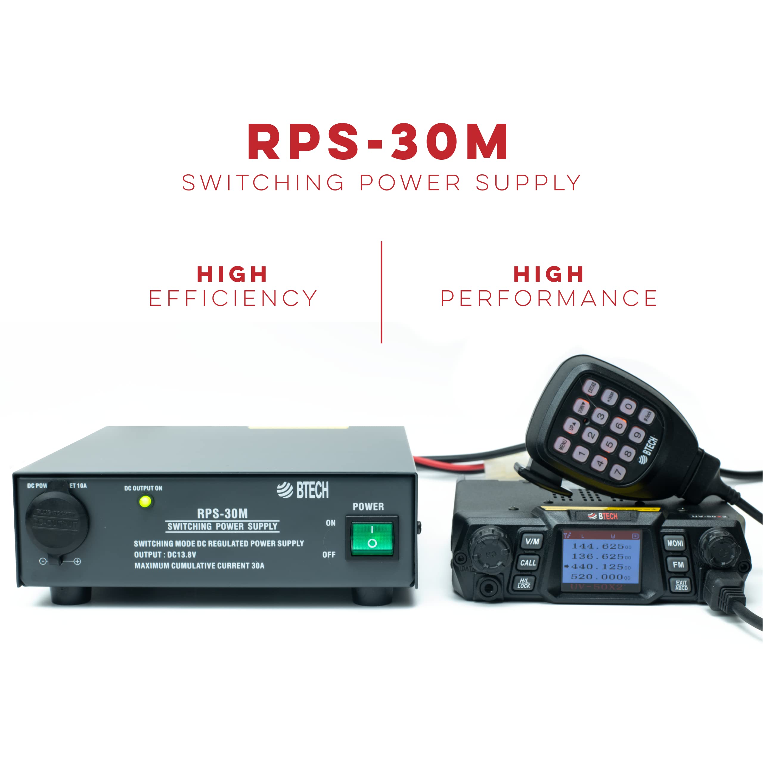 BTECH RPS-30M 30 Amp Compact Regulated Bench Power Supply - 13.8V AC-to-DC Converter with Screw Terminals & Cigarette Plug Output