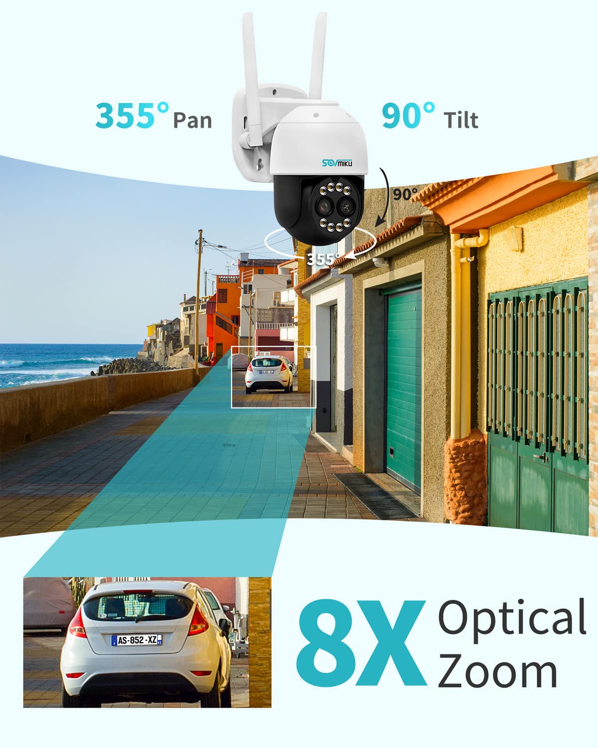 SOVMIKU 4MP 8X Optical/Digital Zoom Wireless Outdoor Security Cameras,Auto Tracking,360° PTZ WiFi Camera,Human Detection,2-Way Audio,24/7 Record,Alexa