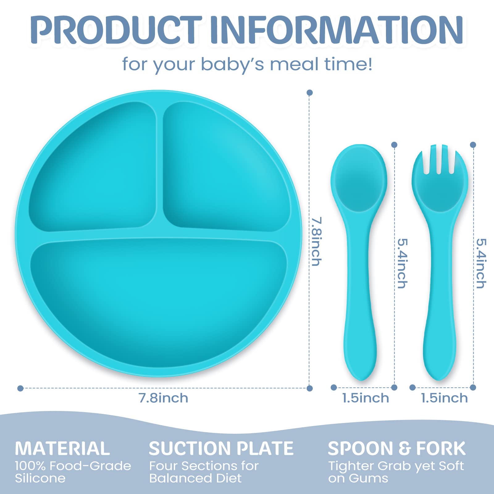 6 Pack Suction Plates for Baby with Spoon Fork Divided Toddler Plate with Suction Silicone Baby Self Feeding Set for Boys Girls (Gray, Green, Blue, Beige, Khaki, Purple)