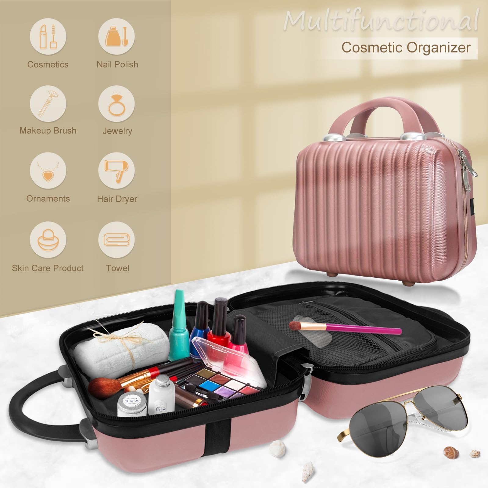 Hard Shell Makeup Case 11 inch Train Cosmetic Bag Travel Organizer Make up Toiletry Jewelry Portable ABS Mini Makeup Suitcase with Elastic Strap Gifts for her,RoseGold