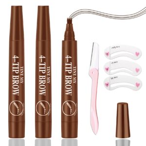 3 pcs eyebrow tattoo pen waterproof microblading eyebrow pencil long lasting brow pen with a micro-fork tip applicator,easily create natural charming eyebrow makeup(light brown)