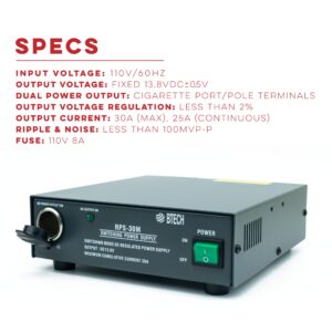 BTECH RPS-30M 30 Amp Compact Regulated Bench Power Supply - 13.8V AC-to-DC Converter with Screw Terminals & Cigarette Plug Output