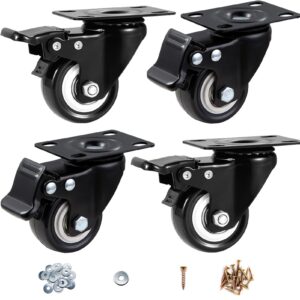 casters, 2" caster wheels，casters set of 4 heavy duty - asriniey black polyurethane castors, top plate swivel wheels, 4-pack industrial casters with brake, locking casters for furniture and workbench