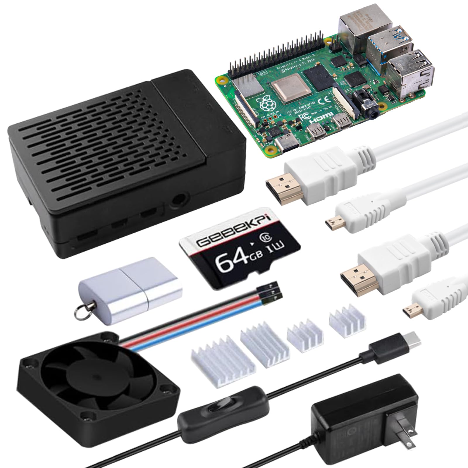 GeeekPi Starter Kit for Raspberry Pi 4 4GB, with Raspberry Pi 4, Case, 64GB Card, Card Reader, HDMI Cables and 18W USB C Power Supply