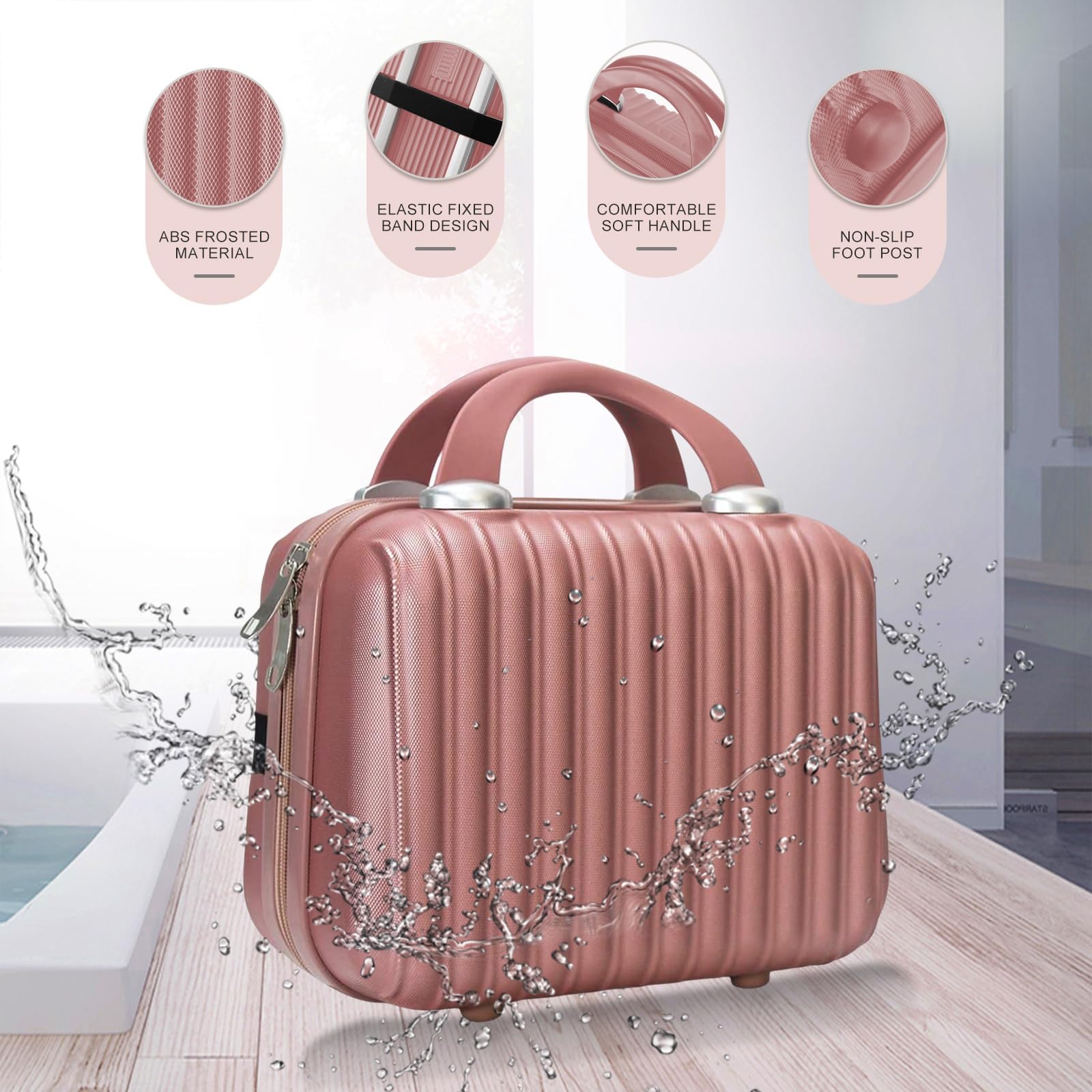 Hard Shell Makeup Case 11 inch Train Cosmetic Bag Travel Organizer Make up Toiletry Jewelry Portable ABS Mini Makeup Suitcase with Elastic Strap Gifts for her,RoseGold