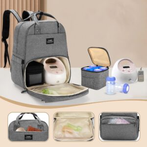 CURMIO Breast Pump Bag Compatible for Spectra S1, S2, Medela, Breast Pump Backpack with Compartment for Cooler Bag, with Padded Laptop Sleeve and Pockets for Working Moms, Gray