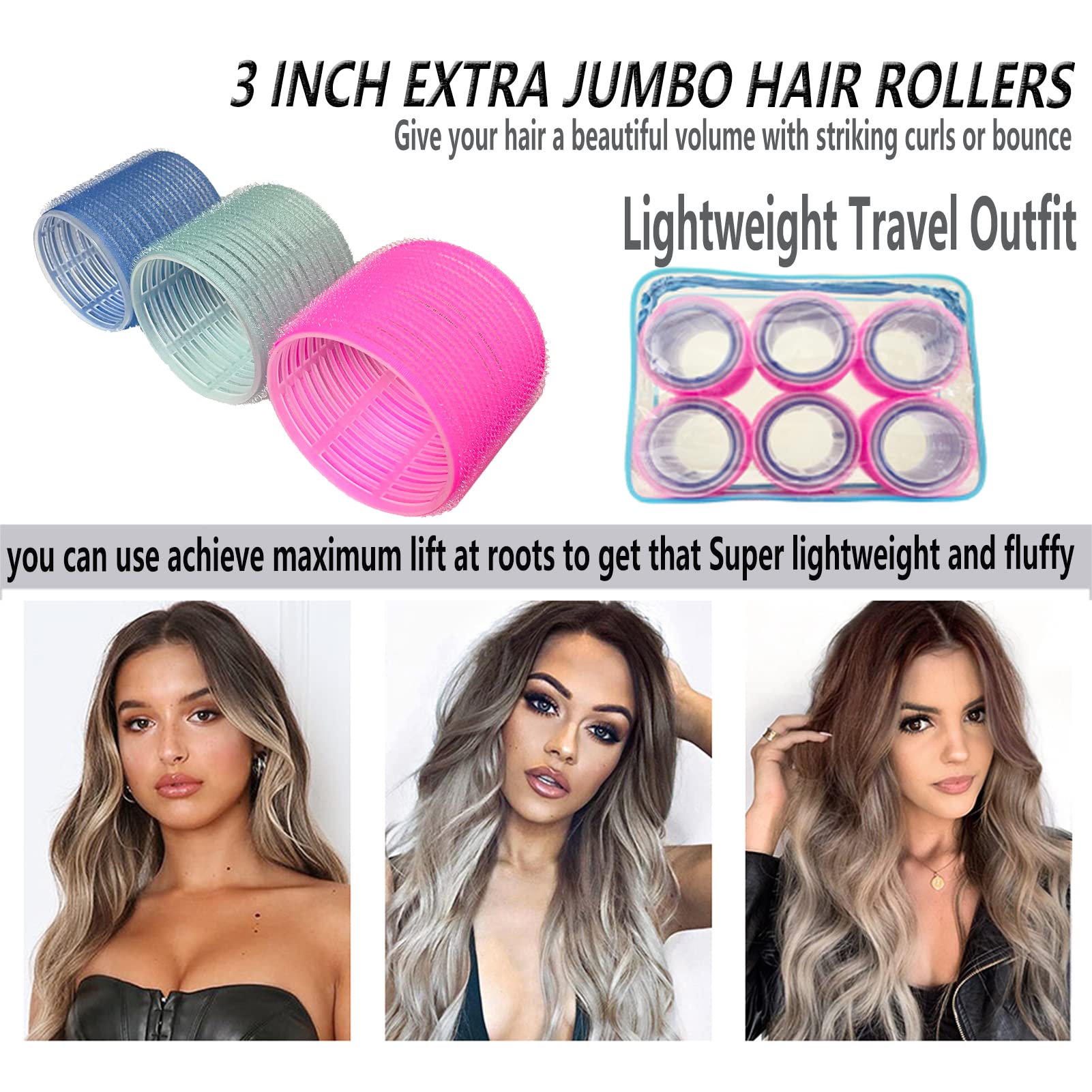 3'' Extra Large Hair Rollers Set, Jumbo Hair Rollers for Long Hair,31 Packs 3 Sizes with Clips & Comb, Big Self Grip Curlers, Velcrorollers for Hair Salon (3''/2.5''/2.2'') Travel Packing