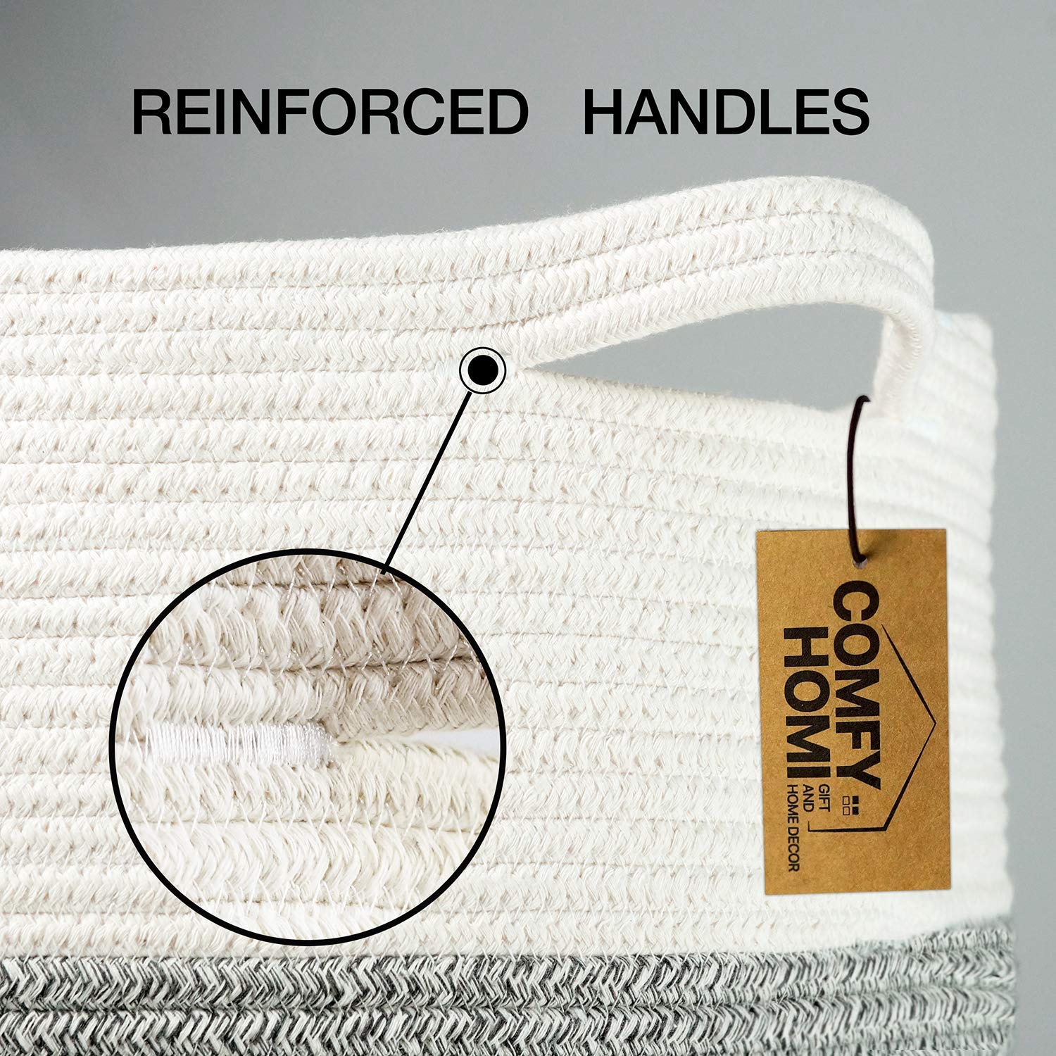 COMFY-HOMI Tall Rope Basket 18X16”（White and Grey）And Square cotton rope basket 13.5X11X9.5” with Handle （White and Dark Grey）