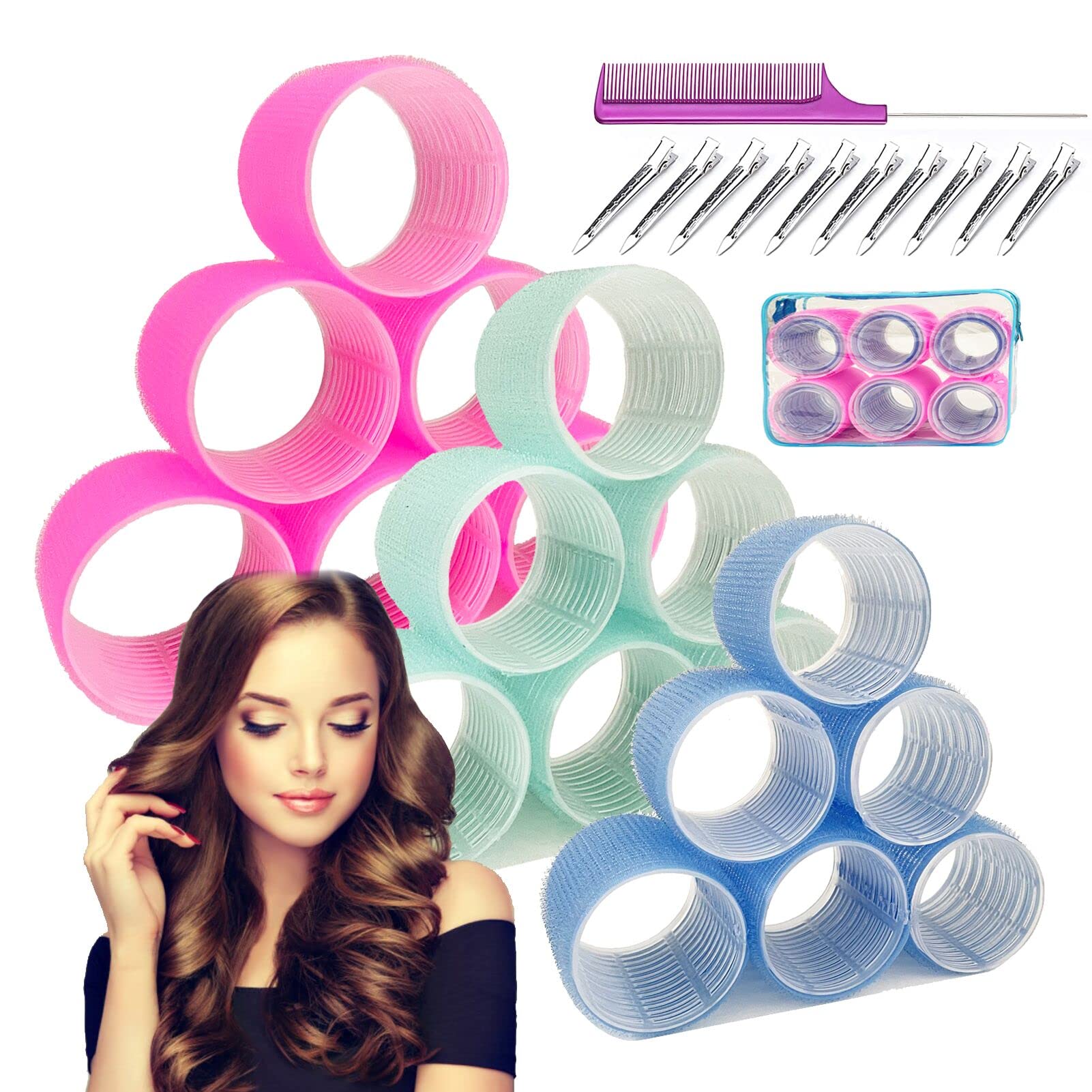 3'' Extra Large Hair Rollers Set, Jumbo Hair Rollers for Long Hair,31 Packs 3 Sizes with Clips & Comb, Big Self Grip Curlers, Velcrorollers for Hair Salon (3''/2.5''/2.2'') Travel Packing