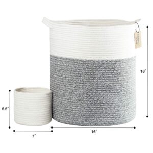 COMFY-HOMI Tall Rope Basket 18X16”（White and Grey）And Square cotton rope basket 13.5X11X9.5” with Handle （White and Dark Grey）