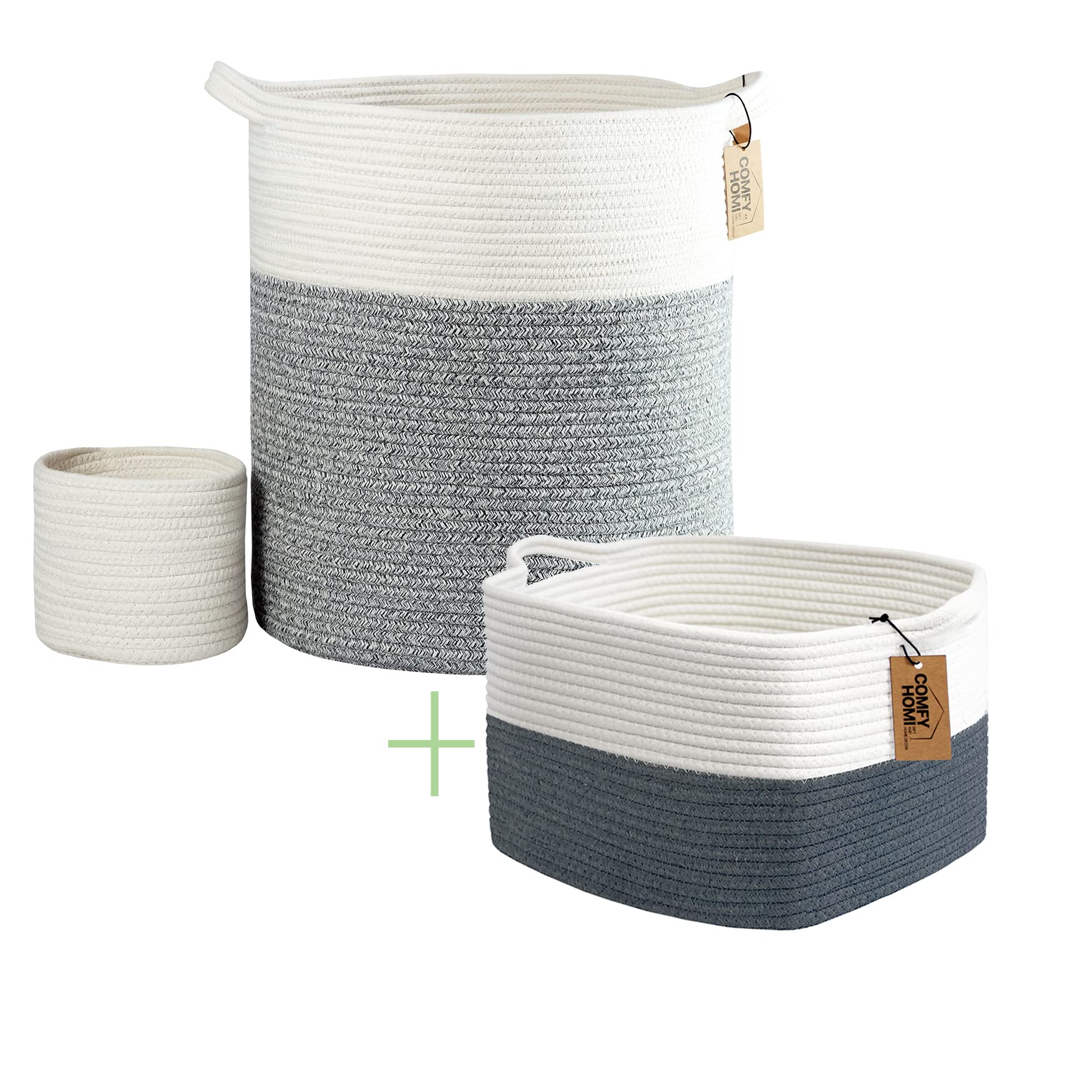 COMFY-HOMI Tall Rope Basket 18X16”（White and Grey）And Square cotton rope basket 13.5X11X9.5” with Handle （White and Dark Grey）