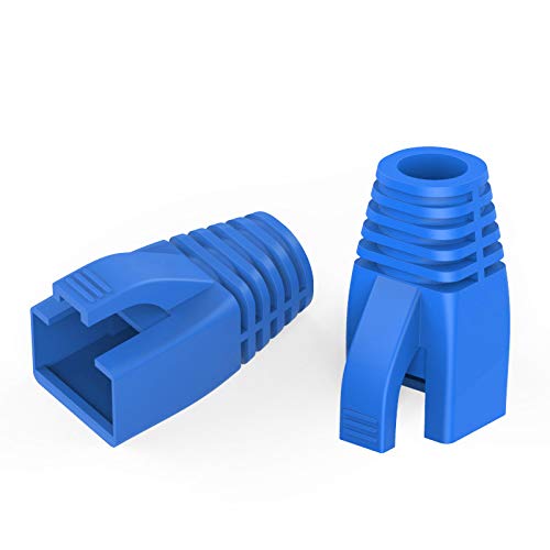 JODROAD 100Pack RJ45 Boot Cover, Cat5 Cat6 Cat6A Ethernet Network Cable Strain Relief Boot, Fits Overall Jacket Diameter 5.5-6.5MM Ethernet Cable (Hole Diameter: 6.5mm, Blue)