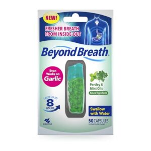 beyond breath breath freshening capsules, fresher breath from inside-out, even works on bad breath from garlic, lasts up to 8 hours, 50 capsules