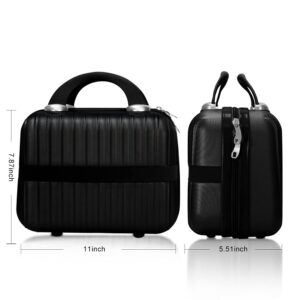 Makeup Travel Case 11 inch Hard Shell Cosmetic Organizer Bag Small Portable Make up Train Hand Luggage with Elastic Strap ABS Mini Suitcase Valentines Day Gifts for men girls, Black