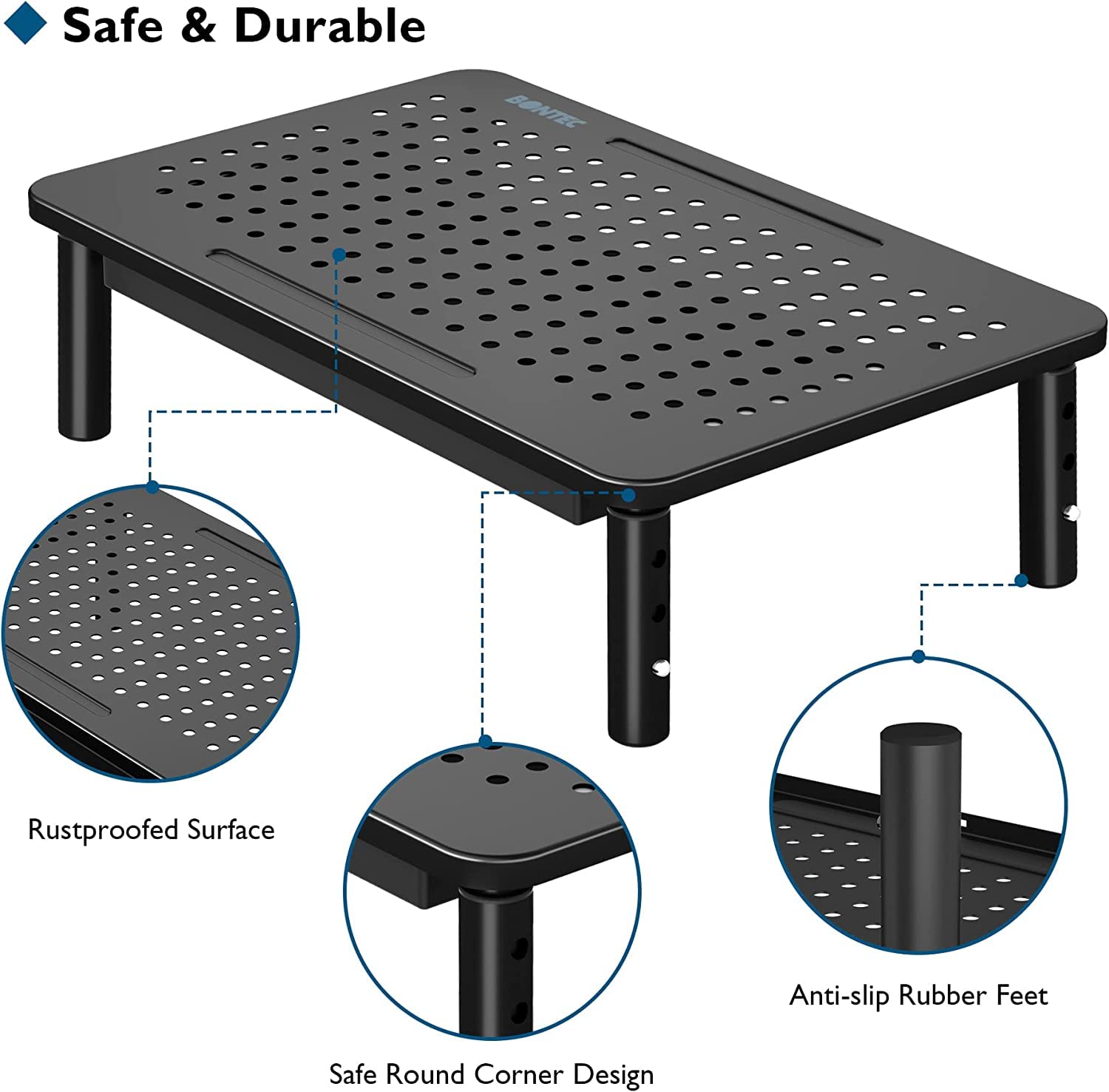 BONTEC 2 Pack Monitor Stand Riser with Drawer, 3 Height Adjustable PC Monitor Riser for Desk with Mesh Platform for Laptop, Computer, iMac, PC, Printer up to 44LBS/20KG, Cable Ties Included