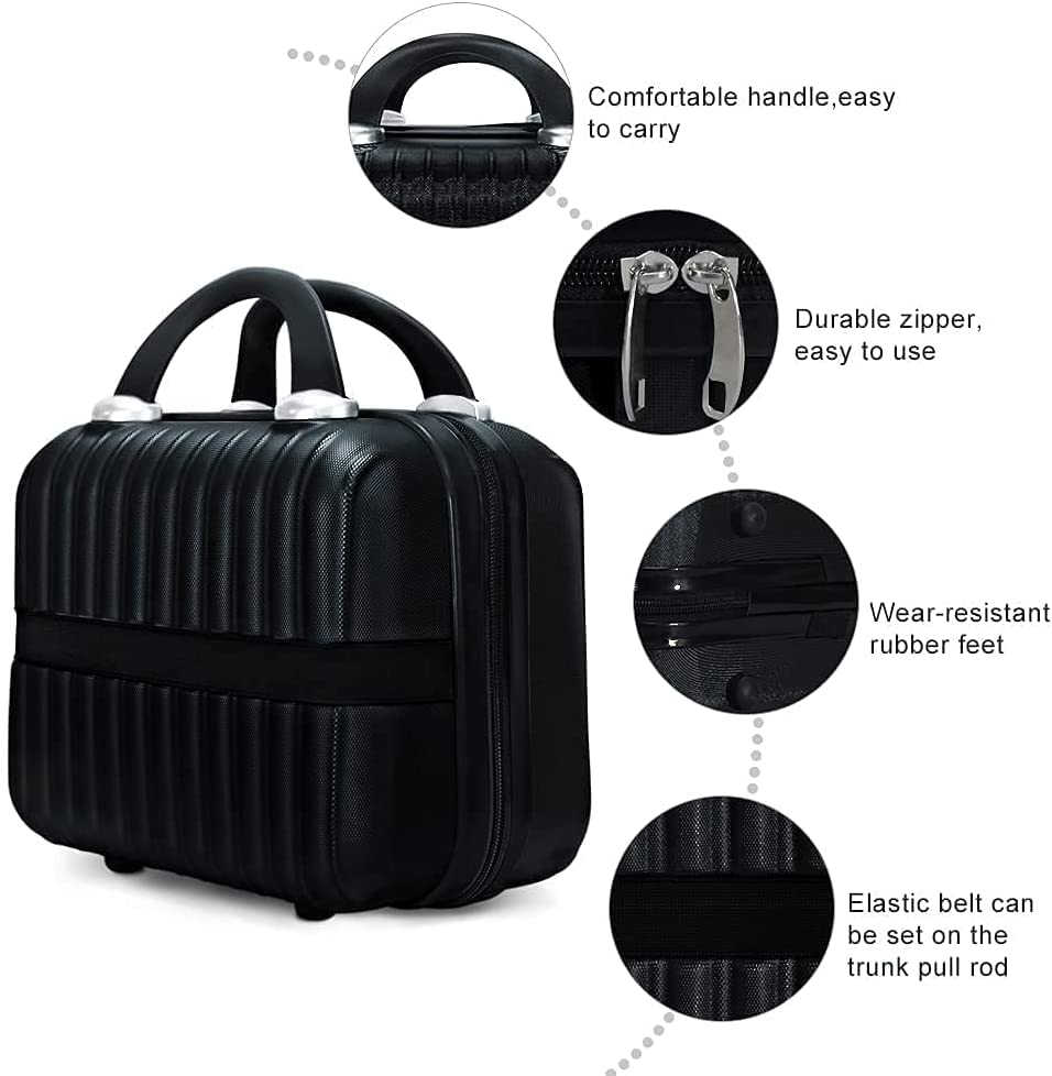 Makeup Travel Case 11 inch Hard Shell Cosmetic Organizer Bag Small Portable Make up Train Hand Luggage with Elastic Strap ABS Mini Suitcase Valentines Day Gifts for men girls, Black