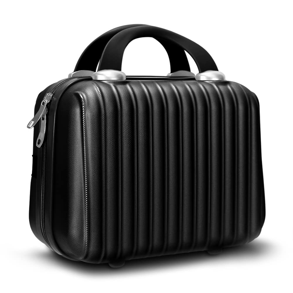 Makeup Travel Case 11 inch Hard Shell Cosmetic Organizer Bag Small Portable Make up Train Hand Luggage with Elastic Strap ABS Mini Suitcase Valentines Day Gifts for men girls, Black