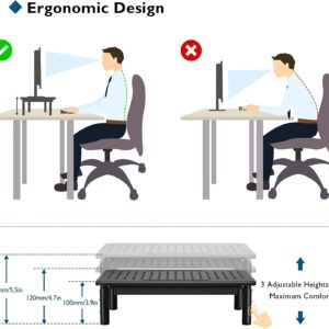 BONTEC 2 Pack Monitor Stand Riser with Drawer, 3 Height Adjustable PC Monitor Riser for Desk with Mesh Platform for Laptop, Computer, iMac, PC, Printer up to 44LBS/20KG, Cable Ties Included