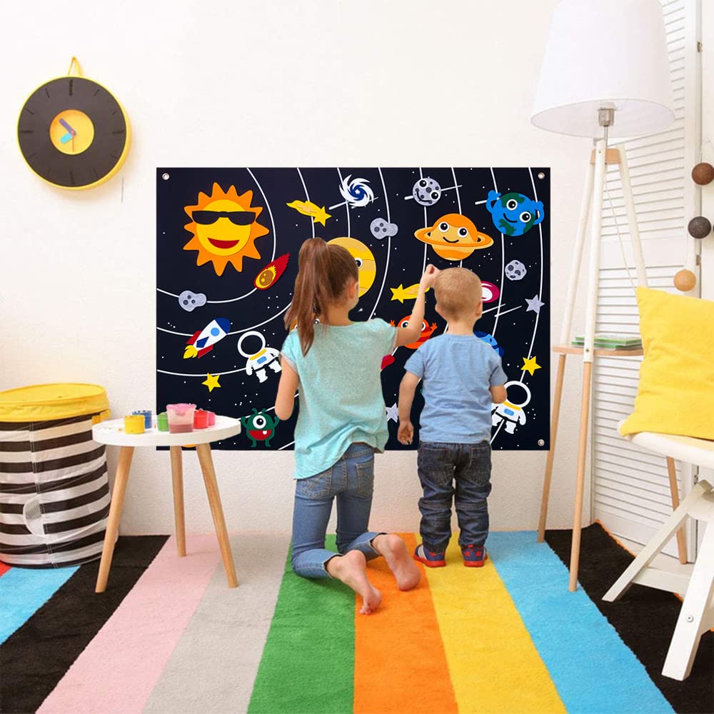 Tucimibo Outer Space Felt Story Board Set 34Pcs, Flannel Storytelling Universe Planets Themed Activity Playmat Kit Wall Hanging Gift for Toddlers Kids Early Learning Educational Game Rug 3.5 * 2.5Ft