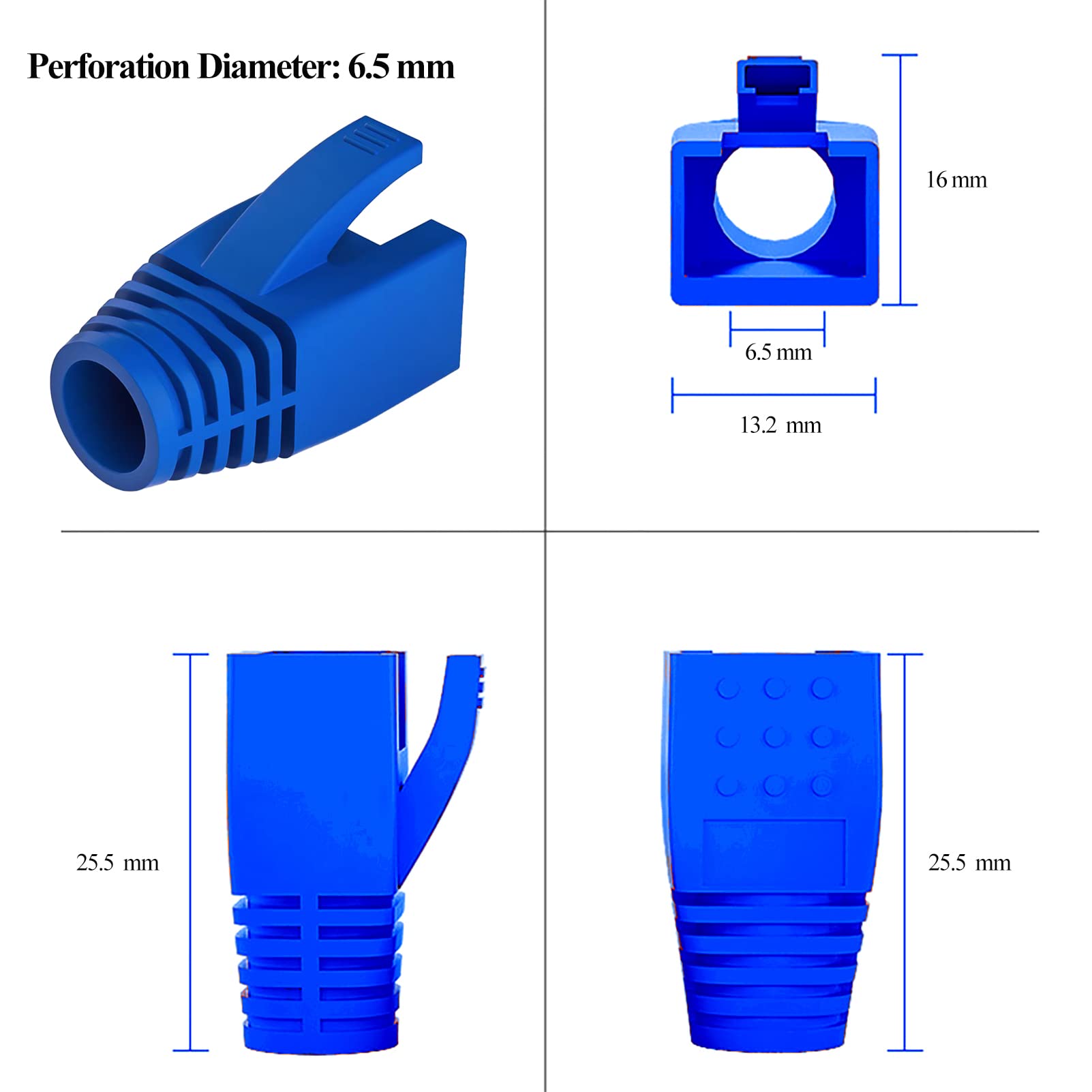 JODROAD 100Pack RJ45 Boot Cover, Cat5 Cat6 Cat6A Ethernet Network Cable Strain Relief Boot, Fits Overall Jacket Diameter 5.5-6.5MM Ethernet Cable (Hole Diameter: 6.5mm, Blue)