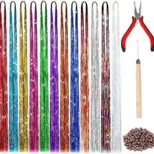 Osprey 47-Inch Hair Tinsel Extensions Kit with Tool - 12 Vibrant Colors and 3000 Strands - Glittery Hair Accessories for Women and Girls - Perfect for Christmas, New Year, Halloween, Cosplay and Party