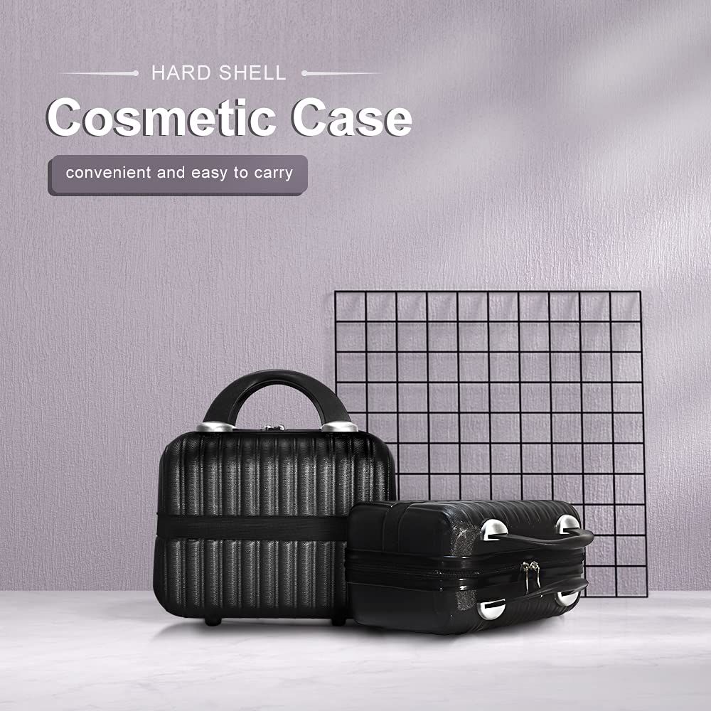 Makeup Travel Case 11 inch Hard Shell Cosmetic Organizer Bag Small Portable Make up Train Hand Luggage with Elastic Strap ABS Mini Suitcase Valentines Day Gifts for men girls, Black