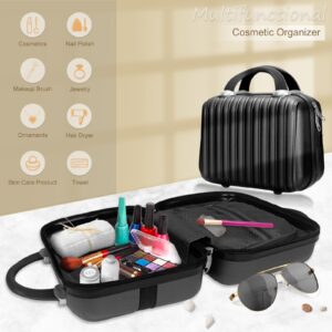 Makeup Travel Case 11 inch Hard Shell Cosmetic Organizer Bag Small Portable Make up Train Hand Luggage with Elastic Strap ABS Mini Suitcase Valentines Day Gifts for men girls, Black