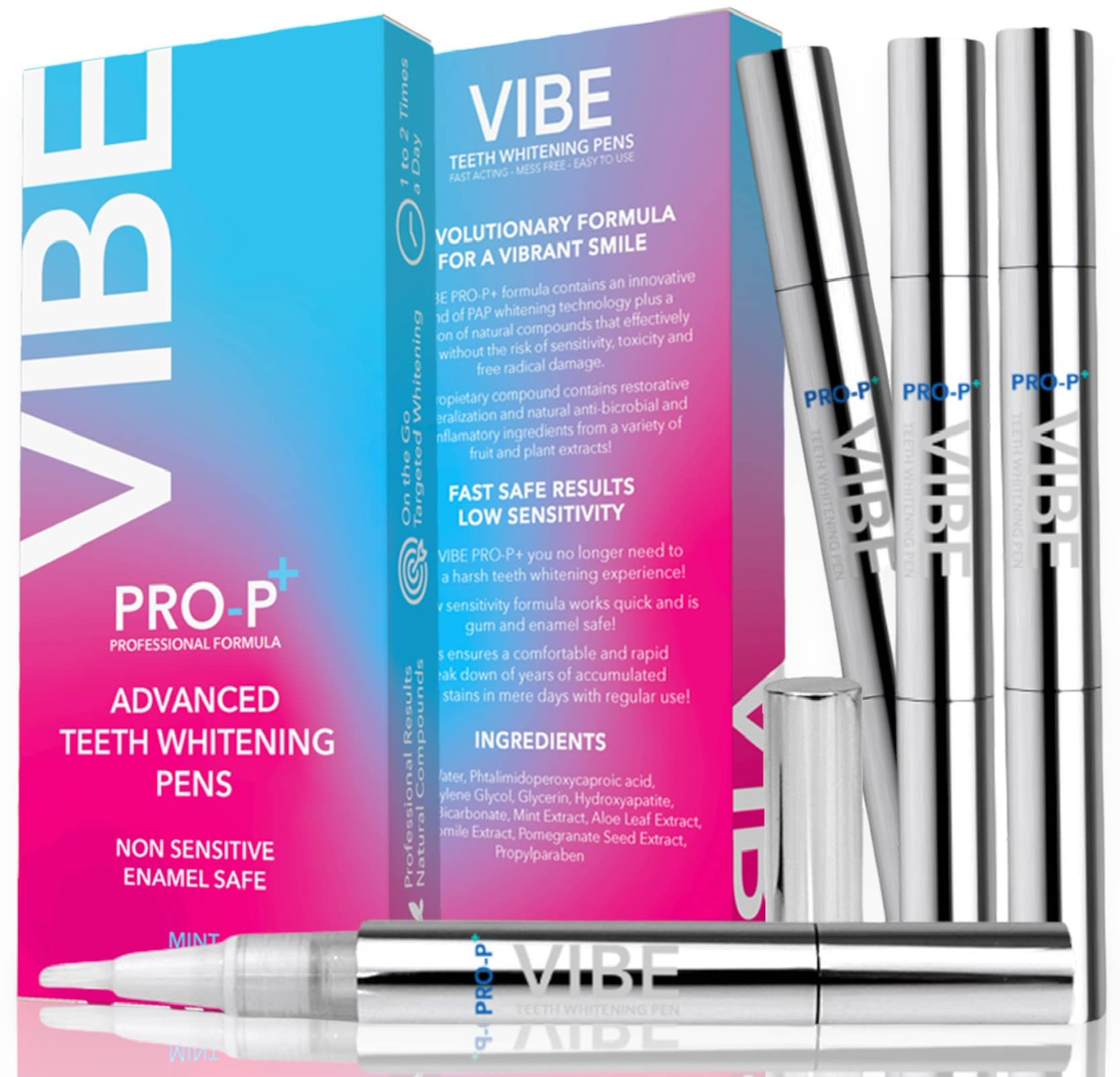 Vibe Teeth Whitening Pens, Healthy, Peroxide Free 4 Pack, Non-Toxic Fast Results, 3ml per pen, Vegan, Painless, teeth whitening kit for sensitive teeth, Travel Sized, Easy to Use, Organic Mint Flavor