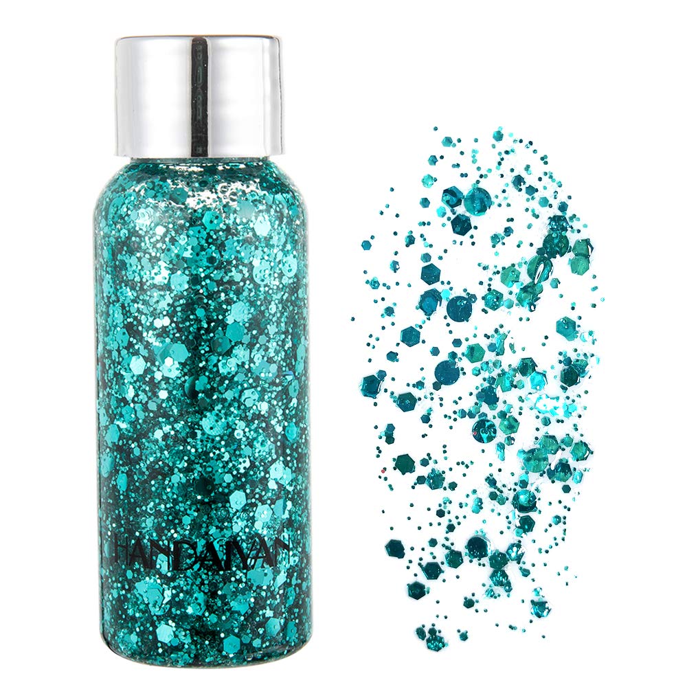 MEICOLY Green Body Glitter,Green Face Glitter Gel Alien Glitter Makeup,Mermaid Sequins Glitter Face Paint,Face Hair Party Festival Chunky Glitter Makeup,Sparkly Body Glitter Gel for Women Kids