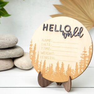 Hello World Newborn Baby Announcement | Mountains and Forest | Photo Prop | Name Measurements Hospital Birth Pregnancy Baby Gift