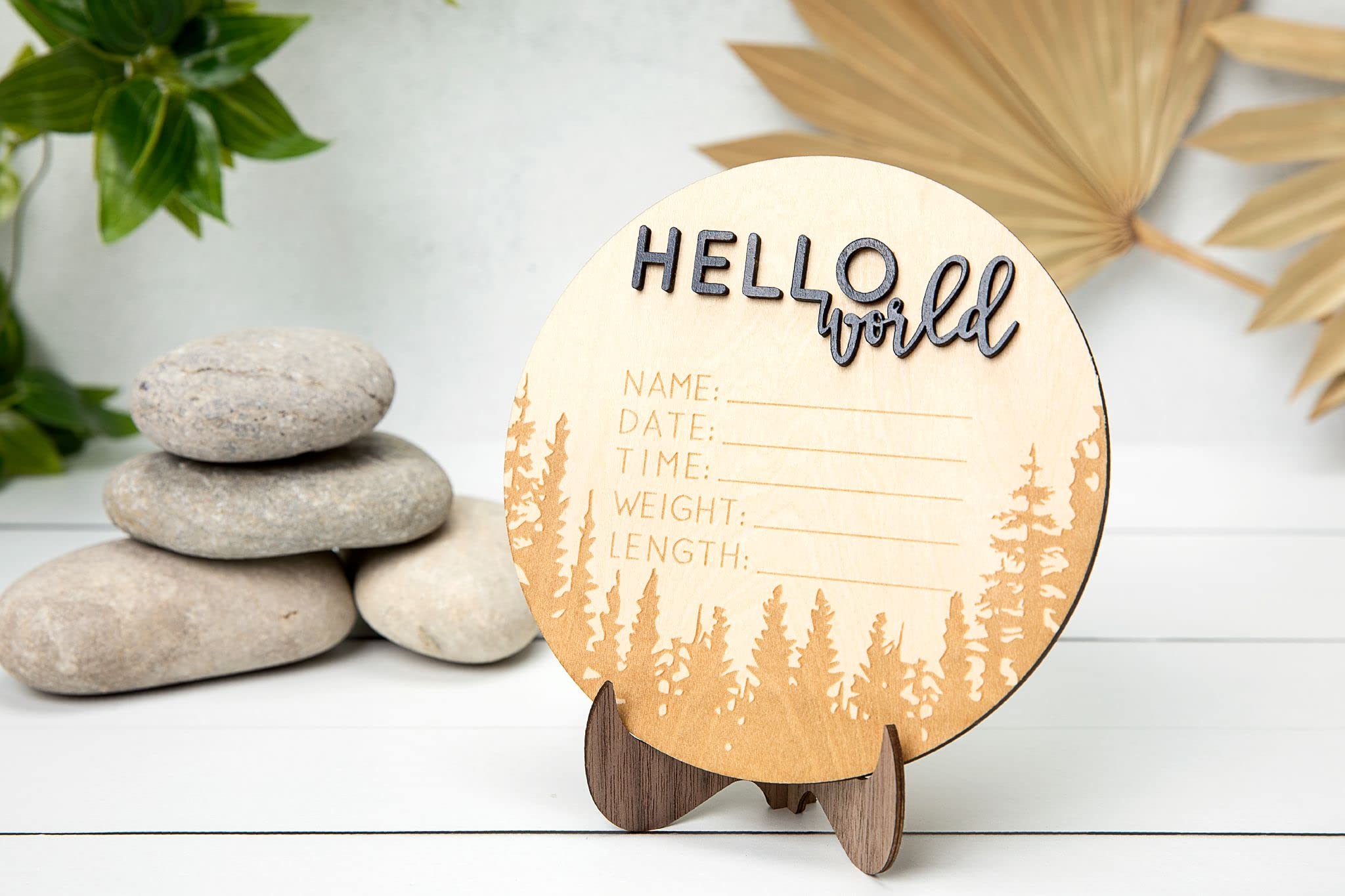 Hello World Newborn Baby Announcement | Mountains and Forest | Photo Prop | Name Measurements Hospital Birth Pregnancy Baby Gift