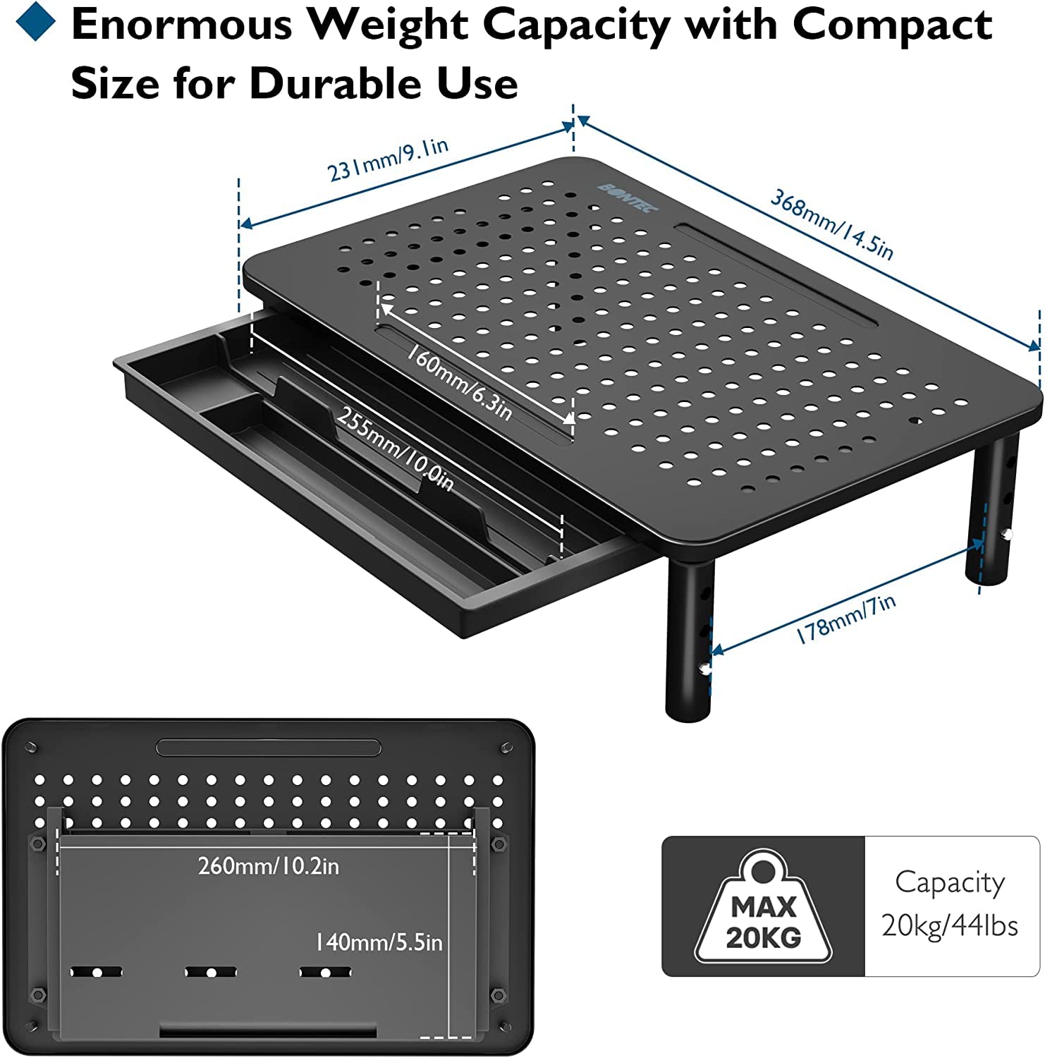 BONTEC 2 Pack Monitor Stand Riser with Drawer, 3 Height Adjustable PC Monitor Riser for Desk with Mesh Platform for Laptop, Computer, iMac, PC, Printer up to 44LBS/20KG, Cable Ties Included