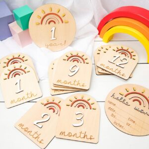 Baby Monthly Milestone Growth Announcement | Hello World | First Year | Photoshoot | Pregnancy Gift |Wooden Cards Markers Cutout Sunshine Rainbow Boho