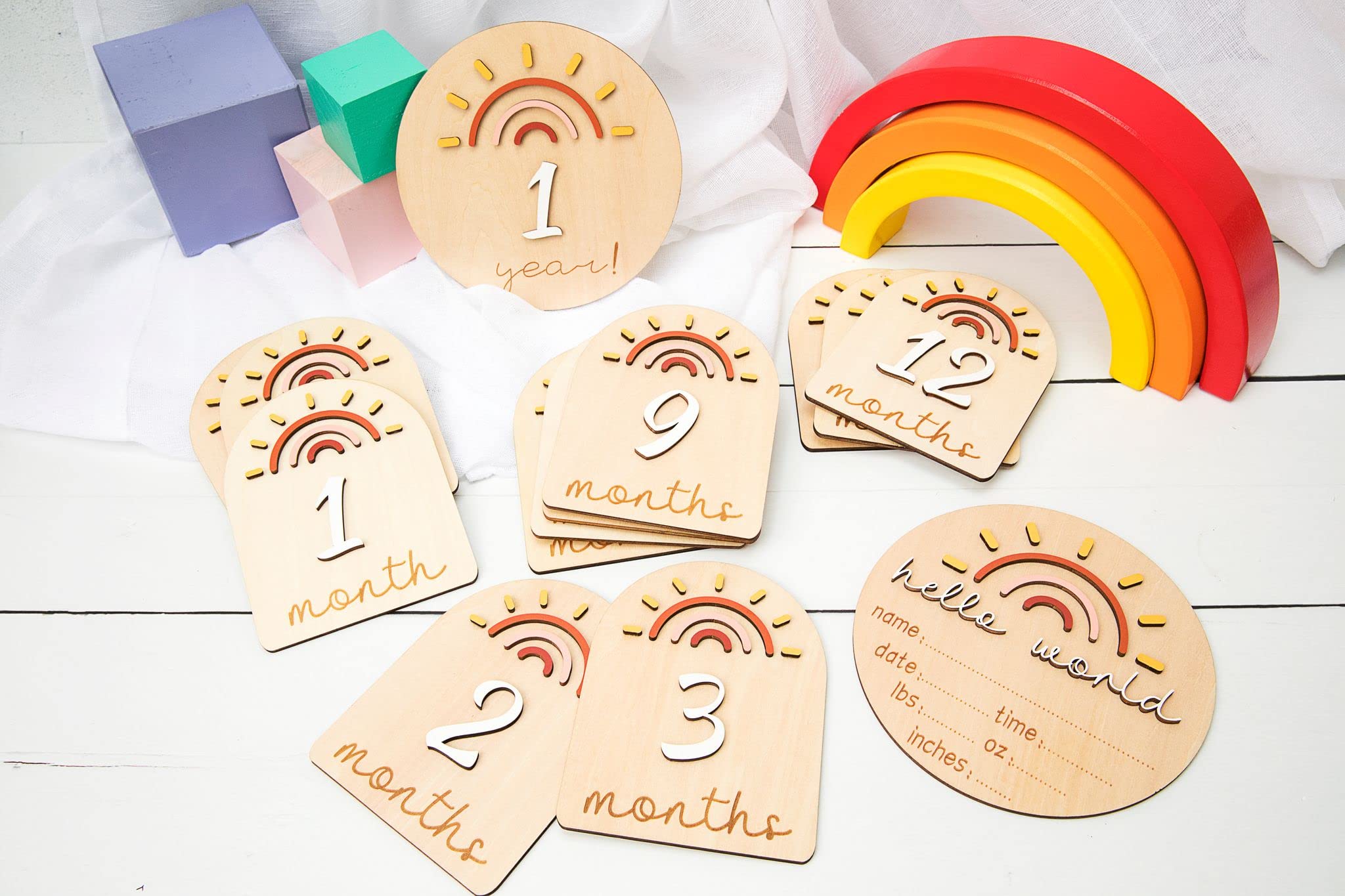 Baby Monthly Milestone Growth Announcement | Hello World | First Year | Photoshoot | Pregnancy Gift |Wooden Cards Markers Cutout Sunshine Rainbow Boho