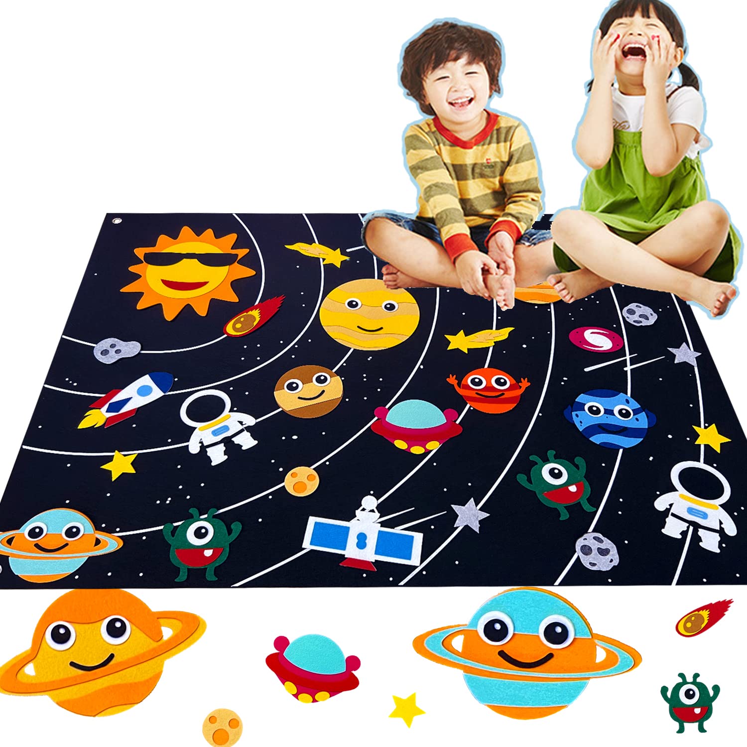 Tucimibo Outer Space Felt Story Board Set 34Pcs, Flannel Storytelling Universe Planets Themed Activity Playmat Kit Wall Hanging Gift for Toddlers Kids Early Learning Educational Game Rug 3.5 * 2.5Ft