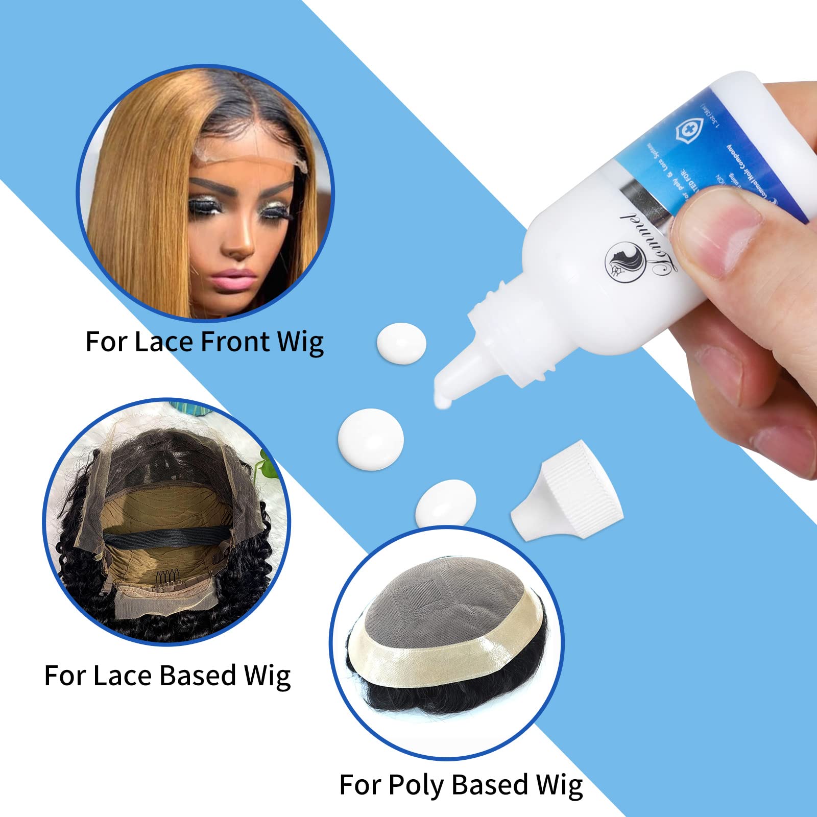 LOMMEL Lace Glue Strong Hold Wig Glue 1.3OZ Waterproof Lace Front Wig Glue Invisible Strong Bonding Lace Glue Latex-Free and Oil-Resistant Hair Glue (1.3OZ Wig Glue and 1.0OZ Wig Glue Romover)