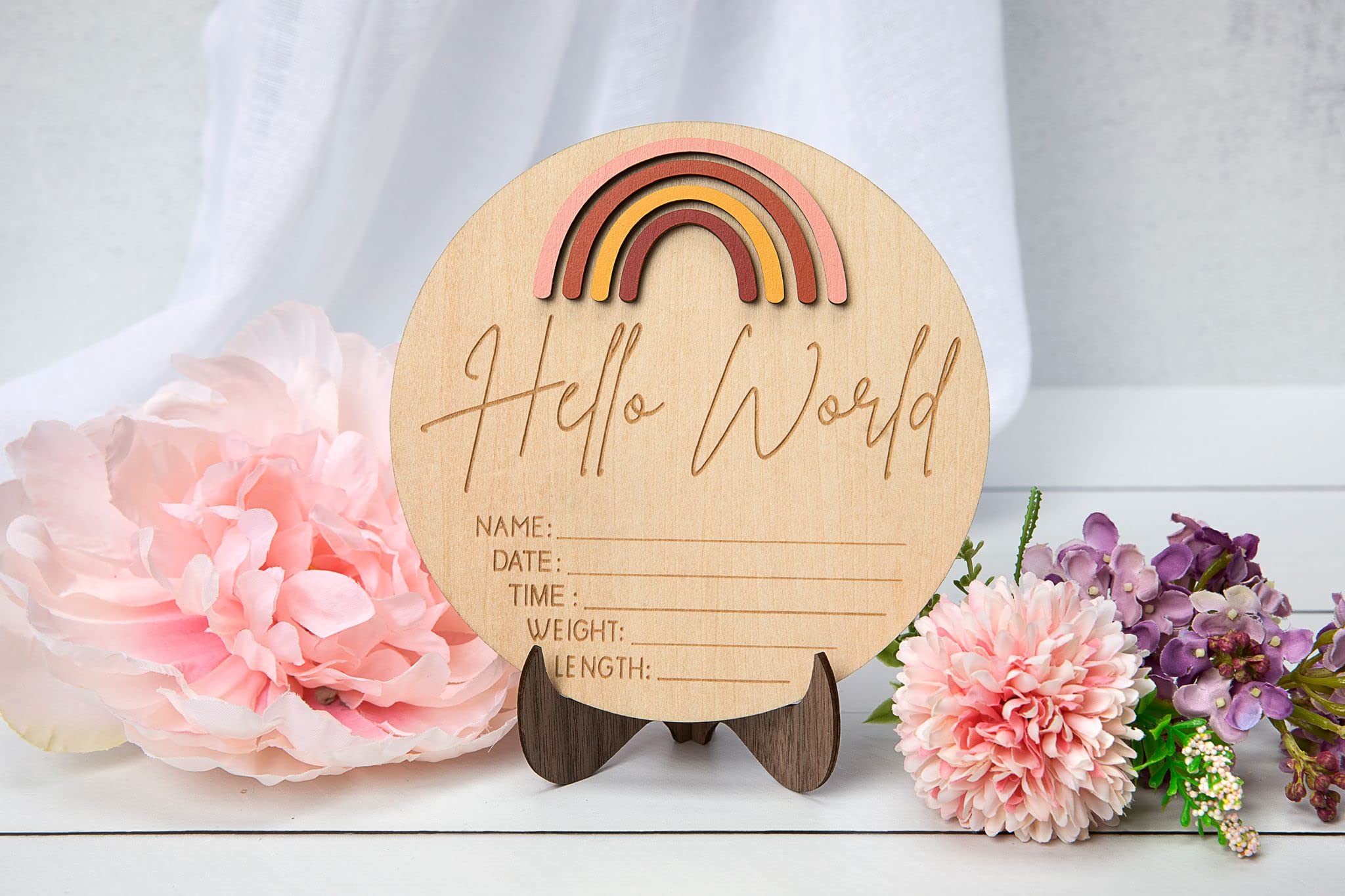 Hello World Newborn Baby Announcement | Rainbow Boho Name and Measurements Hospital Birth Pregnancy Gift